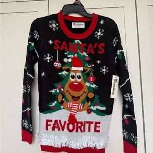 No Boundaries Black & Red Holiday Reindeer Sweater with Pom and Bell Accents